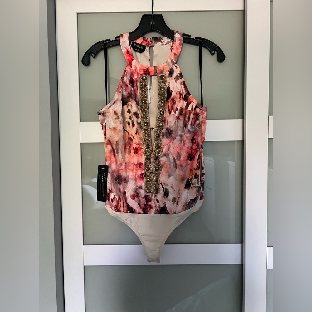 New with tag bebe Floral Pink White Embellished Halter Bodysuit